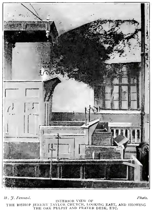 INTERIOR VIEW OF THE BISHOP JEREMY TAYLOR CHURCH, LOOKING EAST, AND SHOWING THE OAK PULPIT AND PRAYER DESK, ETC.