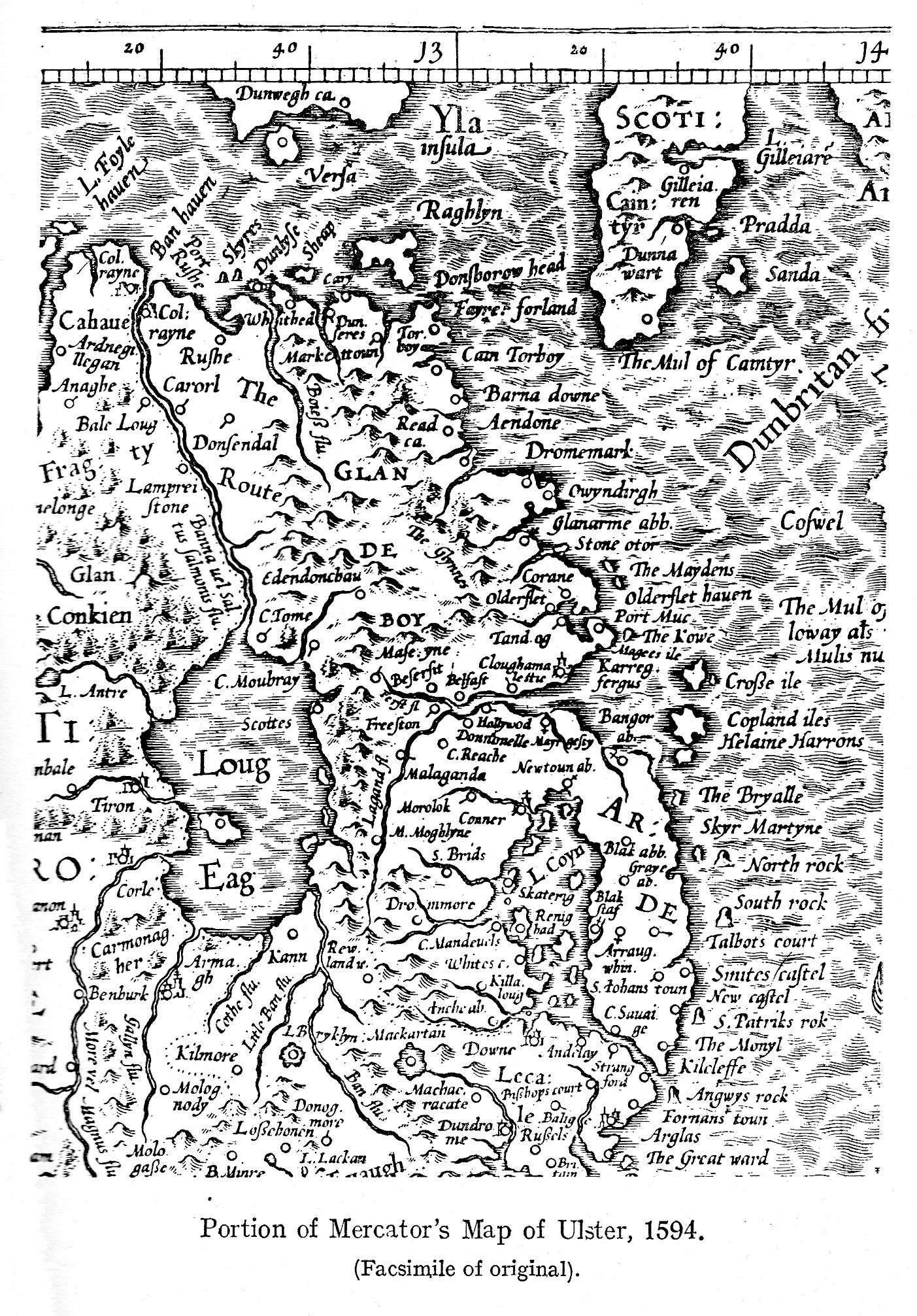 Antrim  c1594 - Portion of Mercator's Map of Ulster