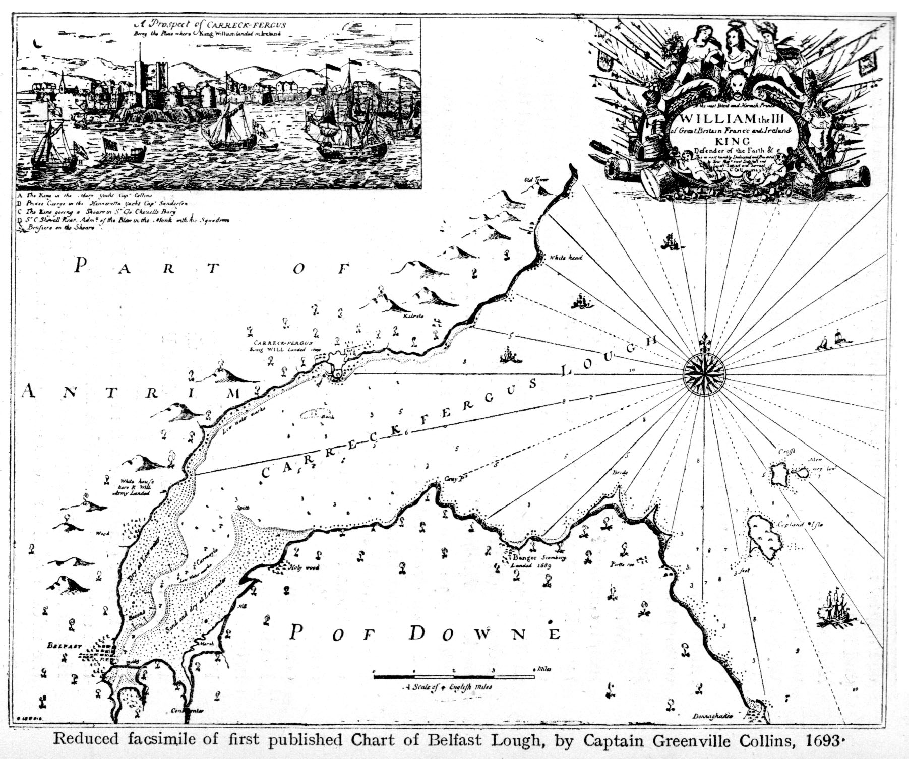 Reduced facimile of first published chart of Belfast Lough, by Captain Greenville Collins c1693